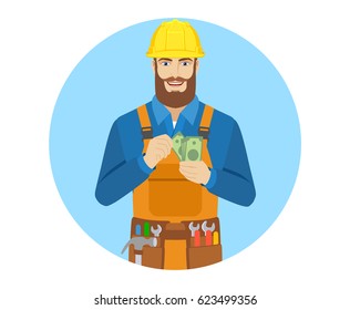 Worker counts cash money. Portrait of worker character in a flat style. Vector illustration.