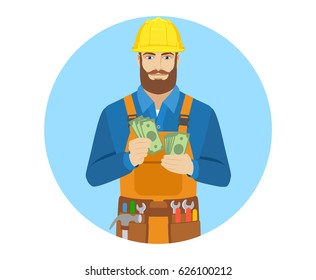 Worker counts cash money. Portrait of worker character in a flat style. Vector illustration.