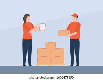 worker courier check goods delivery service package with stack cardboard