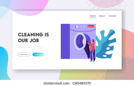 Worker Or Customer Girl Loading Dirty Clothes To Laundromat Machine In Public Laundry Or Launderette. Wash, Cleaning Service. Website Landing Page, Web Page. Cartoon Flat Vector Illustration, Banner