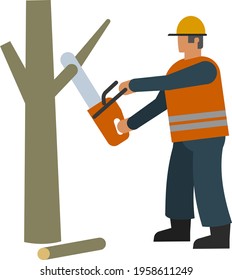 A worker cuts down tree branches with a hand chainsaw