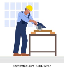 A worker cuts wood with a hand-held circular saw. A man in blue overalls and a yellow hard hat in a carpentry workshop. Carpenter sawing a wooden board on a table.  Construction, contract work. Vector