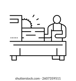 worker cutting wooden timber with sawmill machine line icon vector. worker cutting wooden timber with sawmill machine sign. isolated contour symbol black illustration
