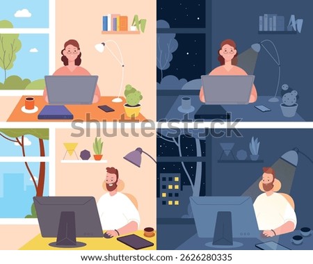 Worker day and night. Tired student late study at computer, tired freelance designer on workplace desk woman man with laptop overtime hour routine bed time vector illustration original artwork