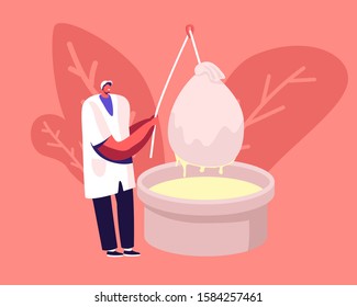 Worker Decant Dairy in Professional Factory Equipment. Man Pull Heavy Sack with Raw Cheese Mass for Removing Extra Liquid. Food Manufacturing, Plant Technologies. Cartoon Flat Vector Illustration