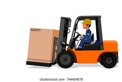 A Worker is delivering the big paper container by the Forklift truck on transparent background
