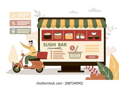 Worker delivers order from Asian restaurant on scooter. Deliveryman bringing Japanese food to customer. Cafe app on screen. Online service for ordering dishes. Fast delivery. Flat vector illustration