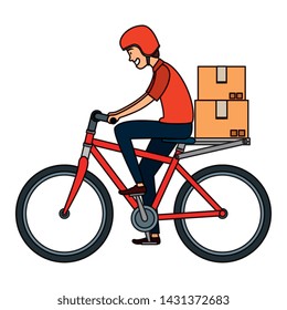 worker of delivery service in bicycle with boxes