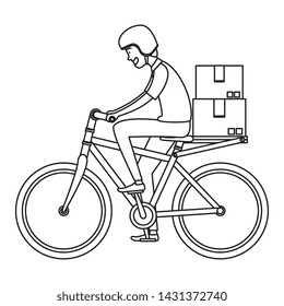 worker of delivery service in bicycle with boxes