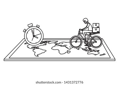 worker of delivery service in bicycle with chronometer and map