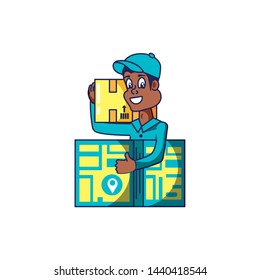 worker delivery service with box and map guide