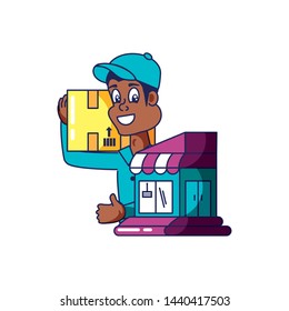 worker delivery service with box and store facade