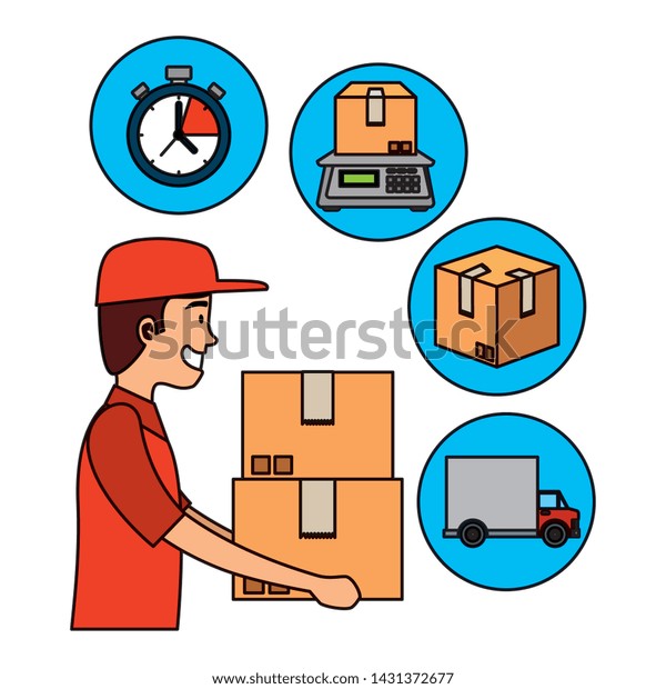 worker of\
delivery service lifting boxes and set\
icons