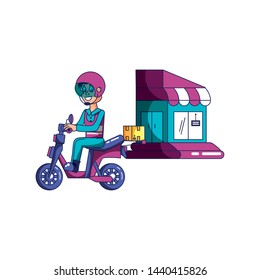 worker delivery service in motorcycle scooter and store facade