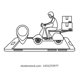 worker of delivery service in motorcycle with smartphone