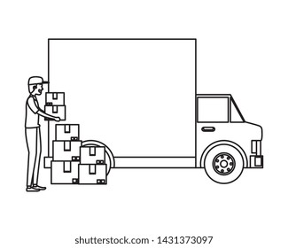 worker of delivery service with truck and boxes