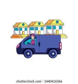 worker delivery service with van vehicle and houses facades