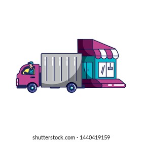 worker delivery service with vehicle truck and store facade