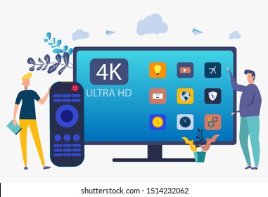 Worker demonstrates modern ultra HD smart TV. UHD Smart TV, Ultra High Resolution, 4K 8K Display Technology Concept. colorful vector illustration