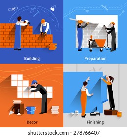 Worker design concept set with building preparation decor and finishing flat icons isolated vector illustration