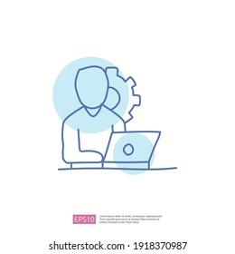 concepto de icono de doodle en escritorio de trabajo con la ilustración vectorial de símbolo de signo de personas y portátiles