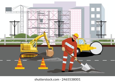 Worker digging at a construction site with excavator and roller driving behind him