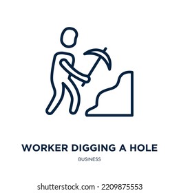worker digging a hole icon from business collection. Thin linear worker digging a hole, worker, work outline icon isolated on white background. Line vector worker digging a hole sign, symbol for web 