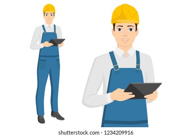 A worker with a digital tablet. Isolated on white. Vector illustration