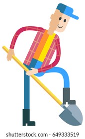 Worker digs the earth with a shovel. Man at work.  Character in flat design isolated on white. Vector clip art.