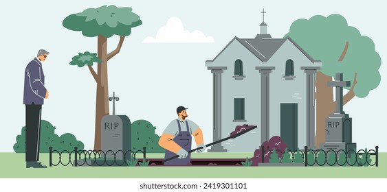 A worker digs with shovel hole for a grave on the cemetery. Burial service agency. Funeral ceremony vector illustration. Gravestone burial, headstone monument