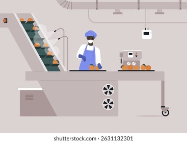 Worker diligently prepares food processing oranges in a modern facility, focusing on quality control and efficient sorting for optimal freshness and flavor enhancement