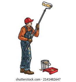 Worker in dirty uniform and cap standing at bucket and paint tray, using roller while painting wall, vector illustration