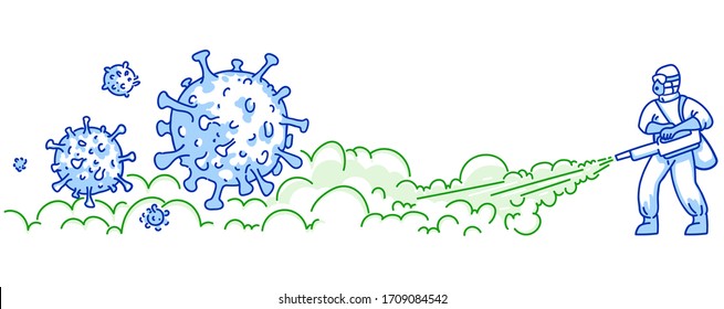 Worker disinfects streets with steam disinfector hand drawn art. Antiseptic spray against corona virus strain cells cartoon vector illustration, antibacterial disinfection, COVID-19 pandemic preventio