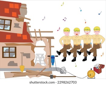 A worker of the dismantling construction of the house exercises before work.