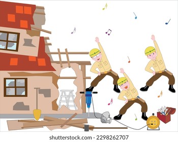 Un trabajador del desmantelamiento de la construcción de la casa hace ejercicios antes de trabajar.
