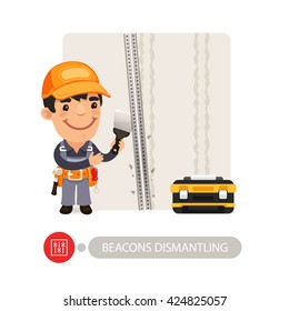 Worker dismantling wall beacons. Cartoon character. Isolated on white background. Clipping paths included.