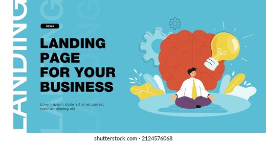 Worker doing yoga exercise on brain with light bulb background. Happy man training intelligence for healthy mind and body flat vector illustration. Harmony, mental power, spiritual lifestyle concept