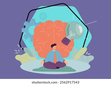 Worker doing yoga exercise on brain with light bulb background. Happy man training intelligence for healthy mind and body flat vector illustration. Harmony, mental power, spiritual lifestyle concept