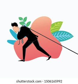 a worker drags a very heavy burden, flat design illustration for business purpose