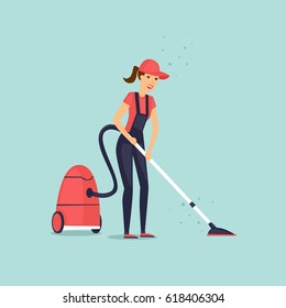 Worker dressed in uniform of cleaning service with a vacuum cleaner. Vector illustration flat style.
