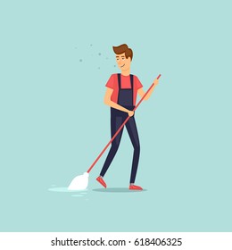 Worker dressed in uniform of cleaning service with a mop. Vector illustration flat style.