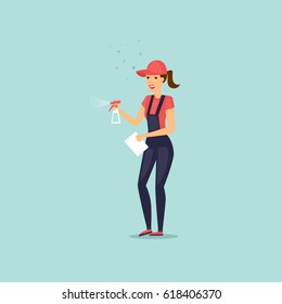 Worker dressed in uniform of cleaning service with a spray. Vector illustration flat style.