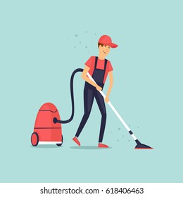 Worker dressed in uniform of cleaning service with a vacuum cleaner. Vector illustration flat style.