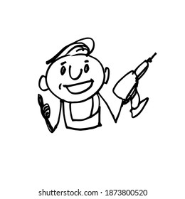 Arbeiter mit einem Bohrer in seinen Händen. Handgezeichnet fröhlicher Charakter. Vektorgrafik