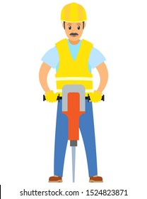 Worker with drill vector, male in uniform drilling and working with constructions creation, man wearing special clothes and protective gloves and helmet