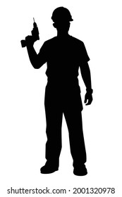 Worker with driller silhouette vector on white background