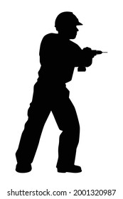 Worker with driller silhouette vector on white background