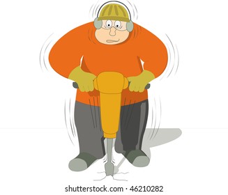 worker drilling the ground with a jackhammer, wearing safety helmet