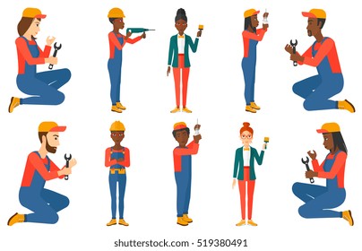 Worker drilling a hole with hammer drill. Worker in overalls and hard hat working with hammer drill. Plumber working with wrench. Set of vector flat design illustrations isolated on white background.