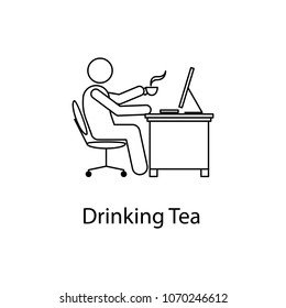 worker is drinking tea icon. Element man in front of a computer in the workplace for mobile concept and web apps. Thin line icon for website design and development app development on white background